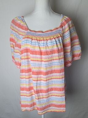 Talbots Striped Smocked Square-Neck Top - Coral Multi Linen Peasant Size XL